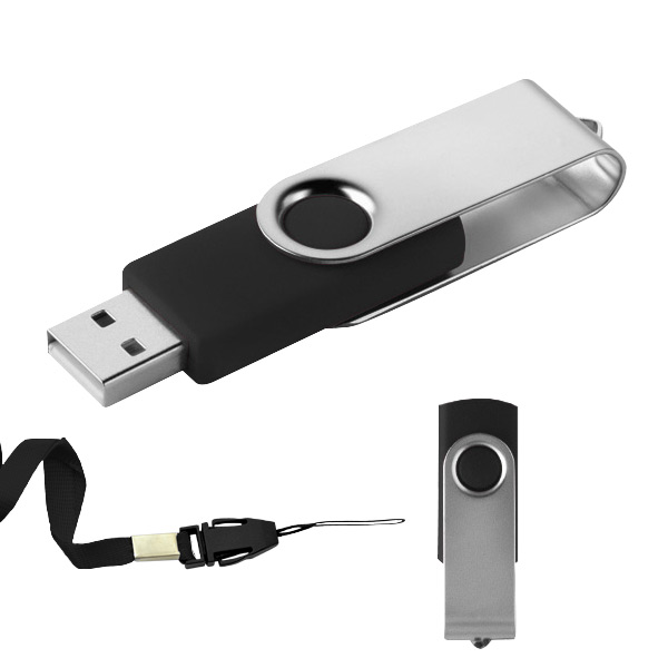 USB009, USB Giratoria Clásica. USB giratoria metálica, incluye un cordón del color de la memoria.