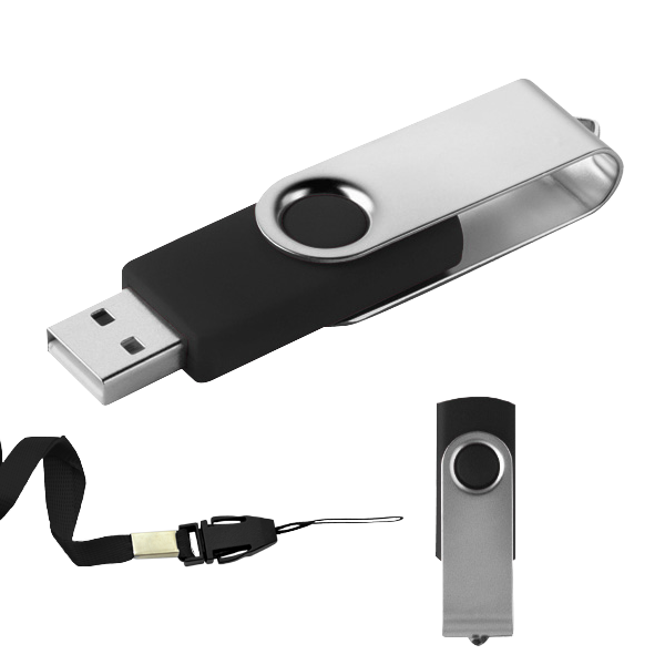USB024-16GB, USB giratoria metalica, incluye un cordon del color de la memoria. Capacidad 2 GB, 4 GB, 8 GB, 16 GB y 32 GB.
