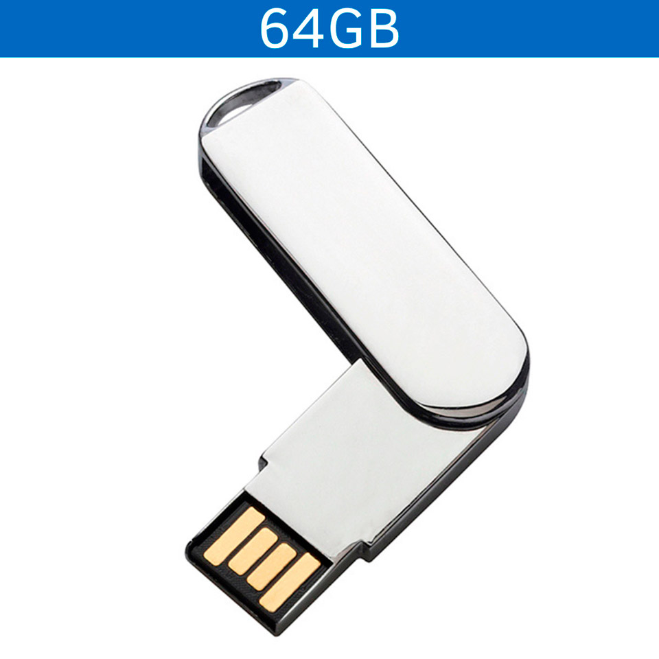 USB413, MEMORIA USB 64 GB GIRATORIA METÁLICA. Cuerpo en acabado cromo brillante. Tamaño bolsillo para su fácil transporte. Cuenta con un orificio en la parte superior para colgarse. Tipo de conector USB-A Conectividad USB 2.0 Compatible con Windows, MacOS y Linux Capacidad de 64 GB.